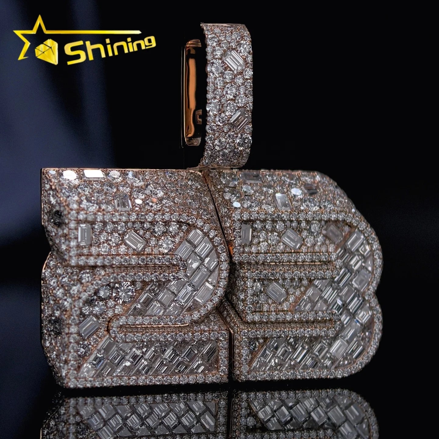 2Inch Width Fancy Cut 3D Design Mosaic Setting Lab Grown Diamond Custom Name Pendant 10K Rose Gold VVS1