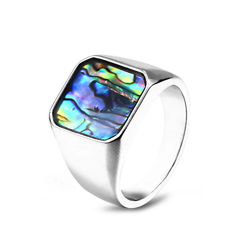 Men's Women's New Stainless Steel Ring Simple Inlaid Shell with 316L Stainless Steel Fashionable Gemstone Jewelry for Party