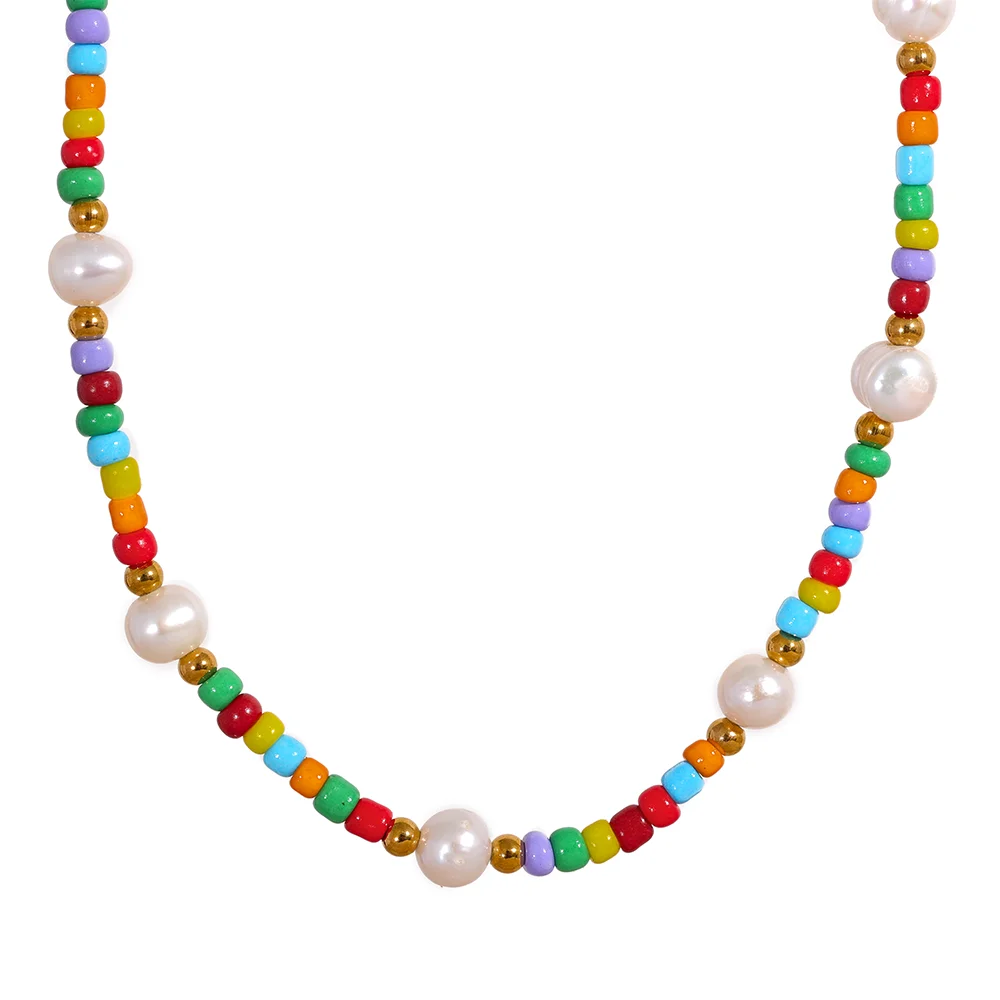 JINYOU 746 Stainless Steel Bohemian Colorful Beaded Collar Necklace Bracelet Natural Pearls Handmade Trendy Fashion Jewelry