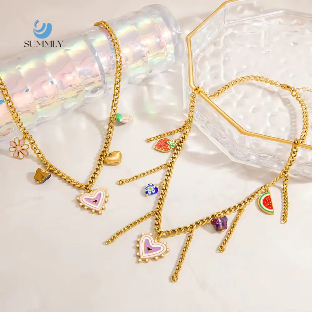 SUMMLY Trendy Wholesale Creative Snakebone Chain 18K Gold Plated Stainless Steel Chain Necklace Heart Charm Fashion Jewelry