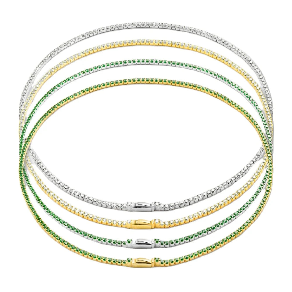 FUAMAY Woman Man 2MM Diamond Tennis Necklace 925 Sterling Silver Green White CZ Stone Tennis Chains