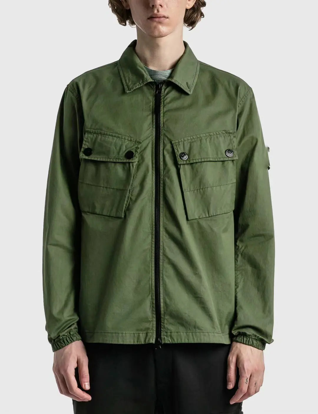 Custom Wholesale Top End Quality Streetwear Green Two Chest Pocket Zip up Long Sleeve Shirt for Men