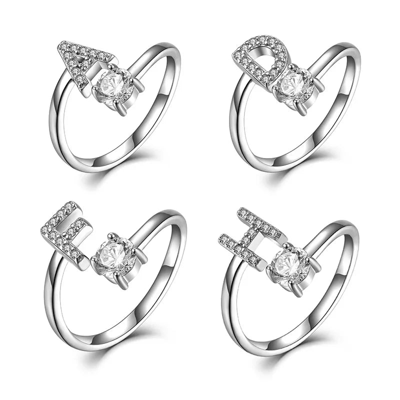 New Alphabet A- Z Adjustable Rhinestone Letter Initial Name Stackable Ring Open Alphabet Rings