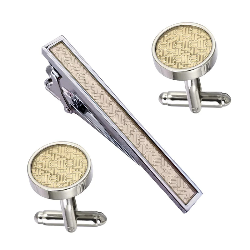 Wholesale Gold Silver Lattice Texture Premium Cufflinks Tie Clips Custom Men Suit Shirt Fashion Accessory Wedding Tuxedo Tie Pin