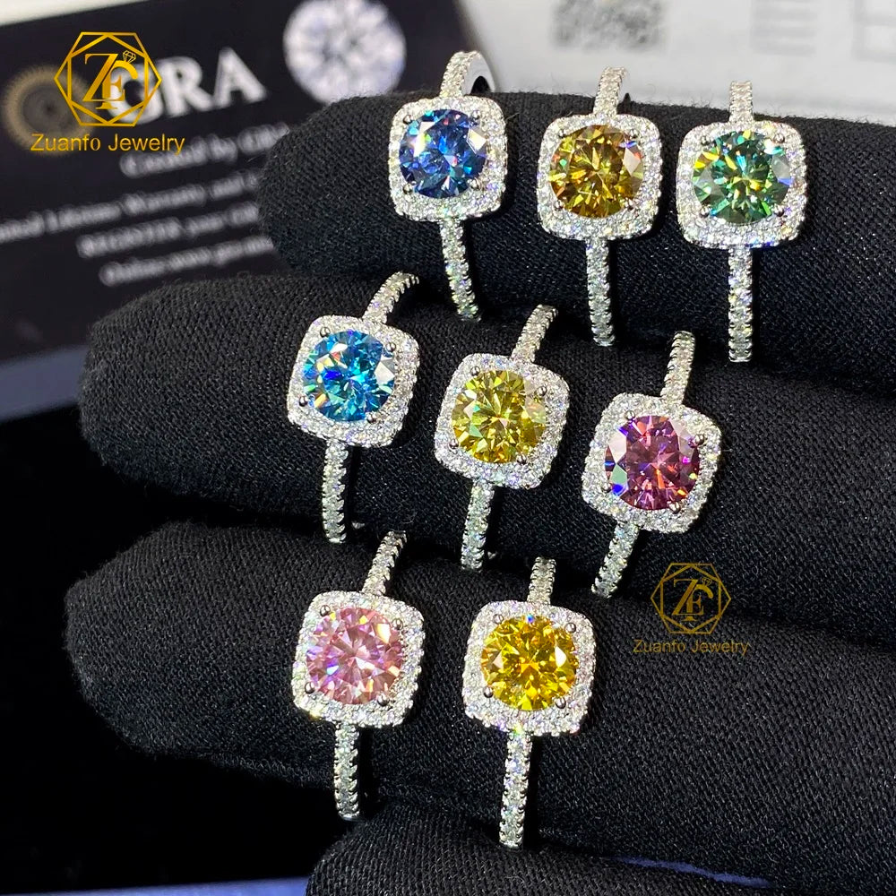 Luxury Wholesale 1CT Diamond Moissanite 925 Sterling Silver Halo Ring Women Fine Fashion Jewelry Colorful Diamond Rings