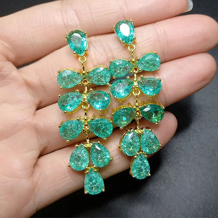 Fashion Long Water Drop Grape Dangle Earrings High Grade Luxury Malachite Green Cracked Ice Flower Crystal Leaf Earrings Women