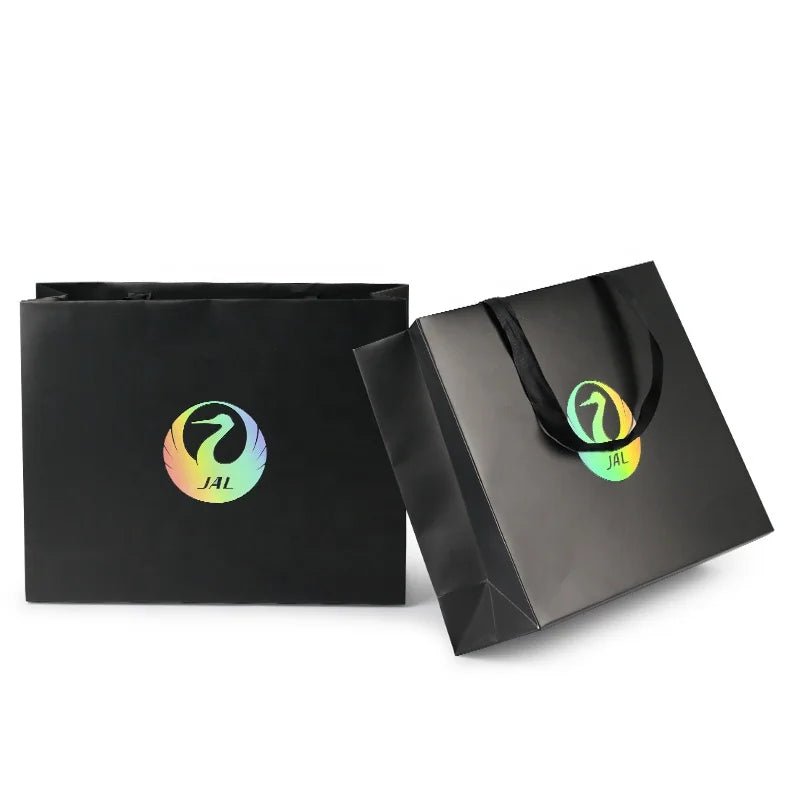 Holographic Paper Tote Bags Customized Gift Bags with Handle Premium Black Shopping Carrier Packaging Saco De Compras Retail Bag