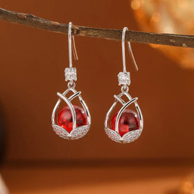 Small Fresh Fashion Tulip Red Pearl Huggie Earrings Long Micro-Inset Zircon on Brass with Basic Design
