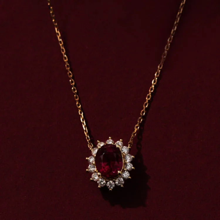 Elegant 14K Gold Plated Necklace 925 Sterling Silver Oval Ruby CZ Crystal Pendant Necklace