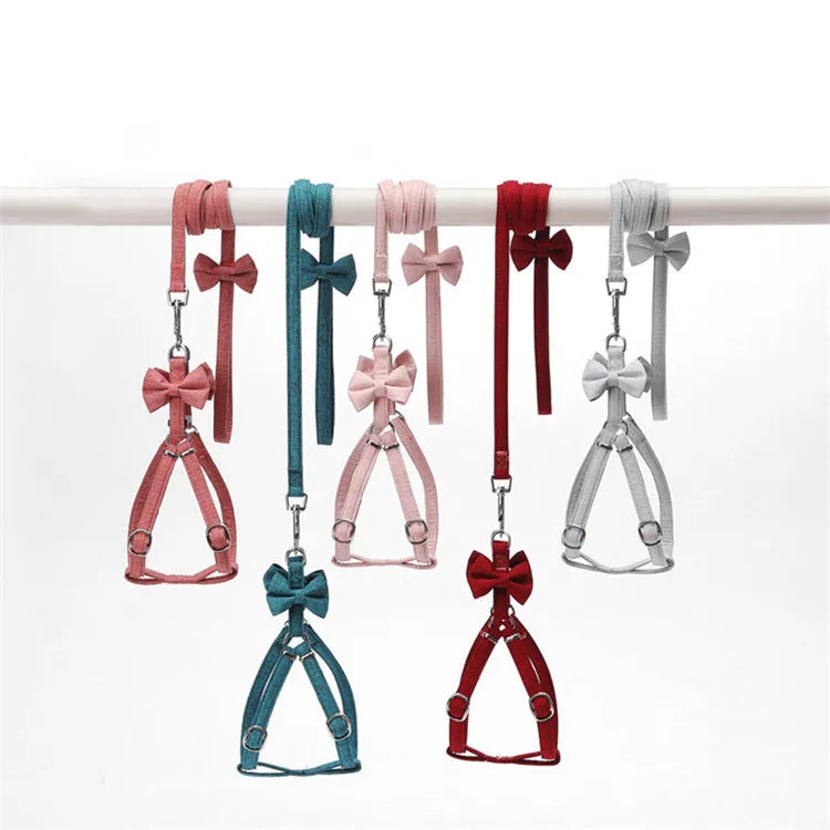 Lovely Bow Design Pure Color Dog and Cat Harness with Leash