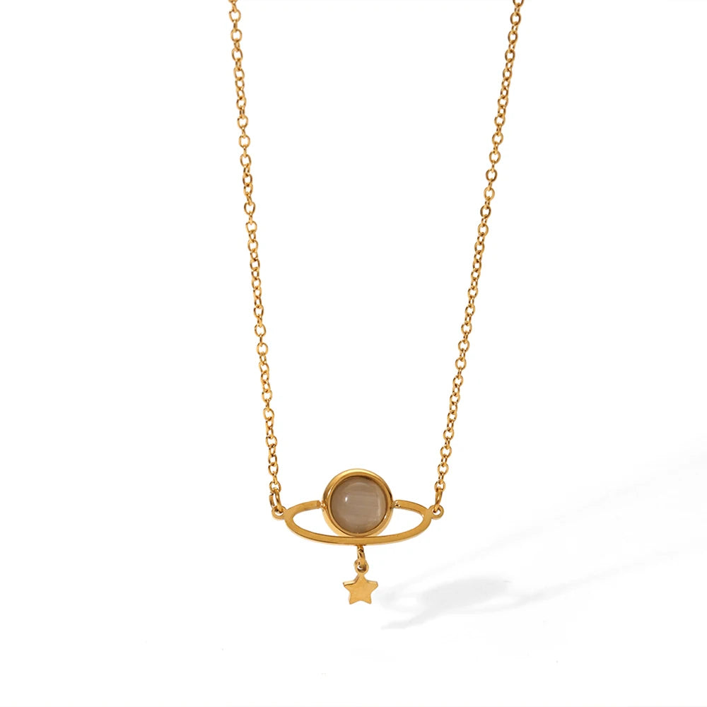 Dainty SS Planet Star Pendant Choker Necklace Cat's Eye Stone Saturn Charm Necklace Minimalist Gift for Girlfriend