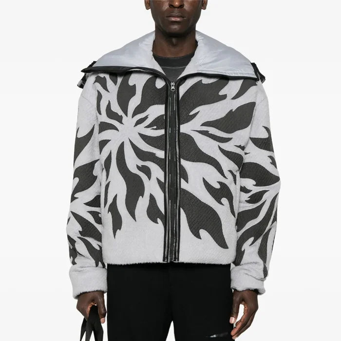Fashion Drop Shoulder Hooded Oversize Woven Breathable Fragment Jacket Fully Zip Print Pattern Wool Blend Men