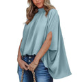 2023 Summer Women Casual Batwing Sleeve Cape Design Blue Long Sleeve Ladies Shirts Elegant High Neck Daily Wear Loose Blouse