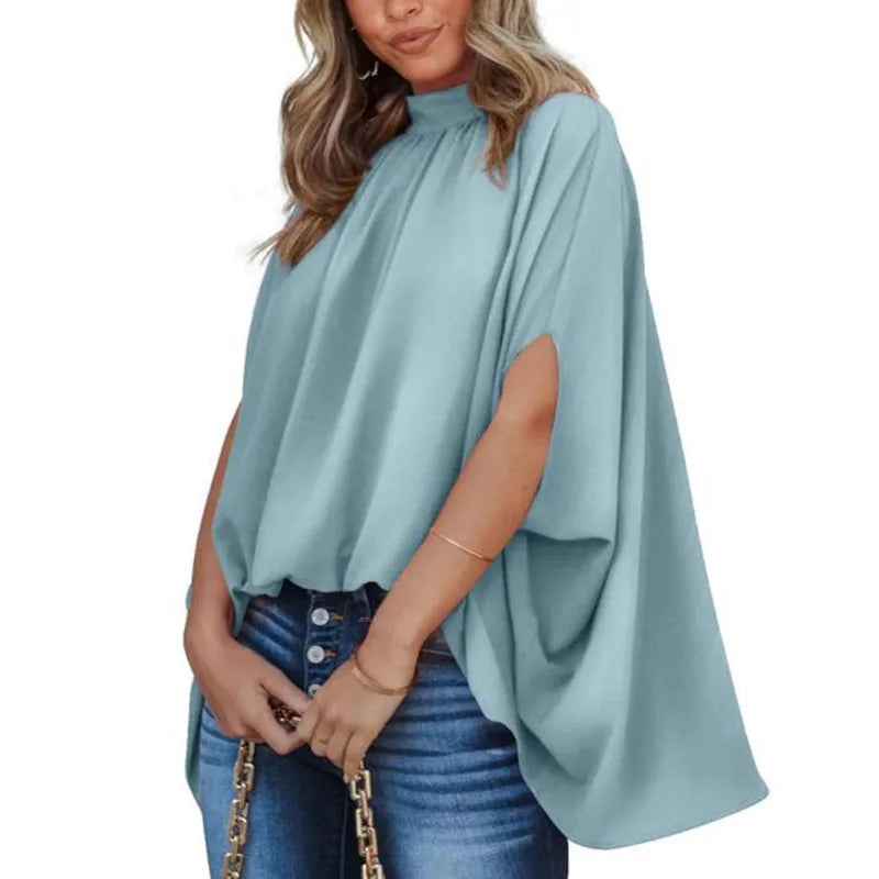 2023 Summer Women Casual Batwing Sleeve Cape Design Blue Long Sleeve Ladies Shirts Elegant High Neck Daily Wear Loose Blouse