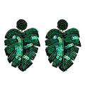 HOVANCI  Creative Big Green Sequin Plant Palm Leaf Earrings Seed Bead Monstera Earrings