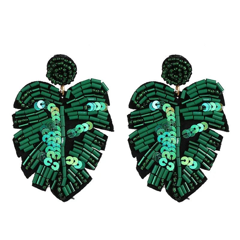 HOVANCI  Creative Big Green Sequin Plant Palm Leaf Earrings Seed Bead Monstera Earrings