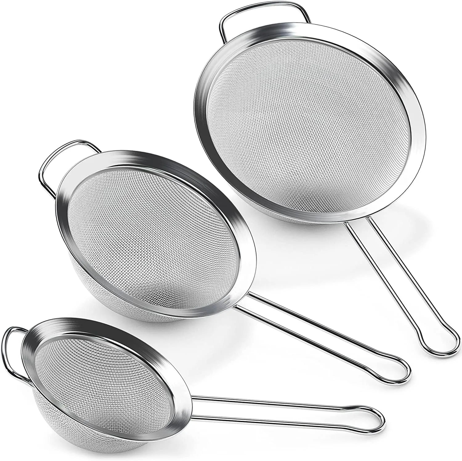 Set of 3 Silver Stainless Steel Fine Mesh Strainer with Handle Eco-Friendly Kitchen Tool for Pasta Sieve Sifter