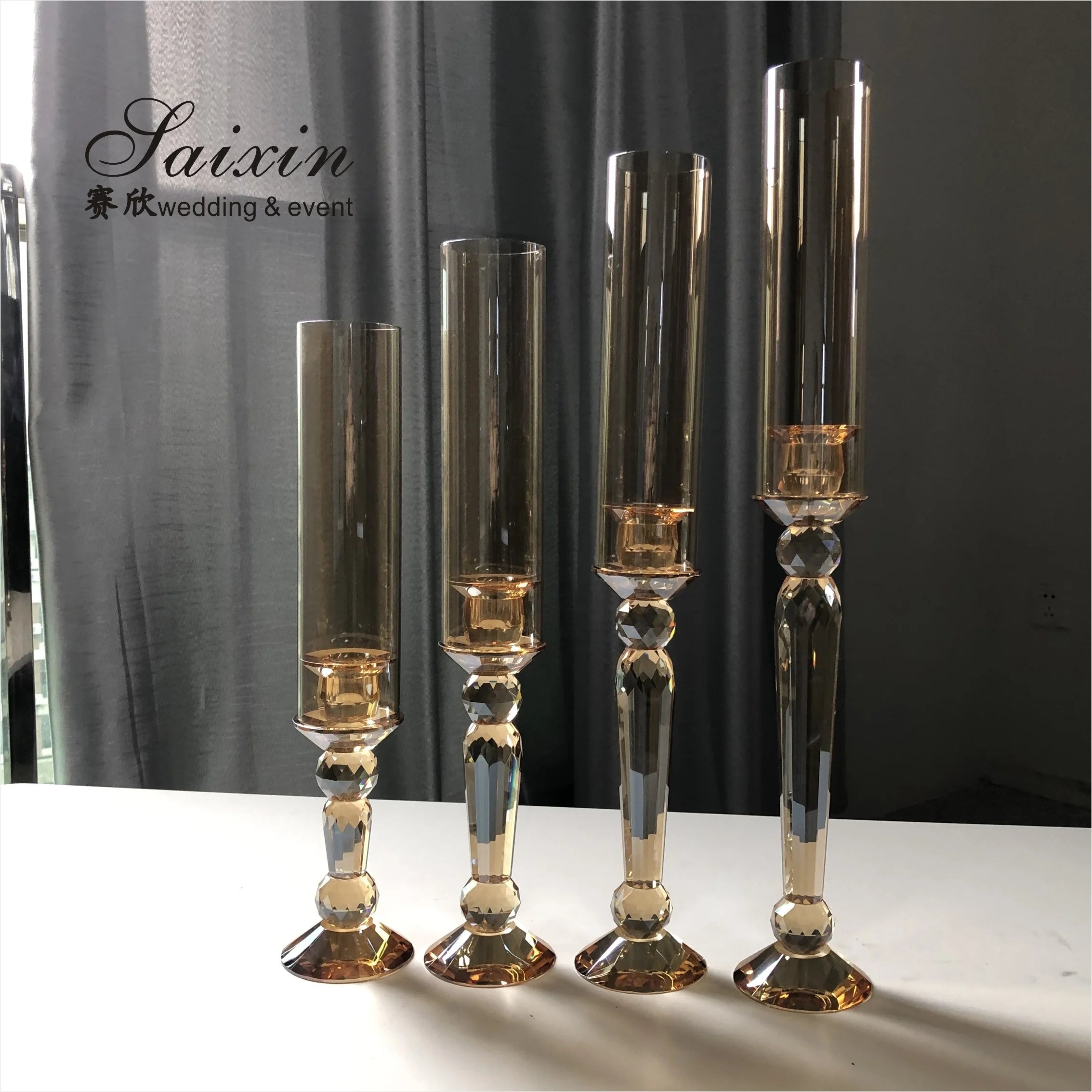 Wholesale Wedding Decor a Set of 4 Pieces champagne Gold Crystal Candlestick