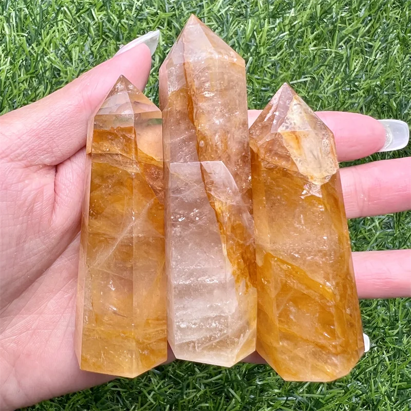 Crystal 6 Sides Obelisk Natural Yellow Fire Quartz Stone Gold Healer Tower for Healing