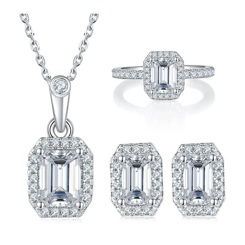 Classic Halo Designs Fine Jewelry Wholesale 925 Sterling Silver VVS Diamond GRA Certified Emerald Cut Moissanite Jewelry Set