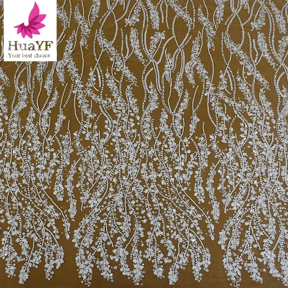 New African White Bridal Wedding 3D Beaded Sequins Net Embroidery Lace Dress Wholesales Fabric HY1936