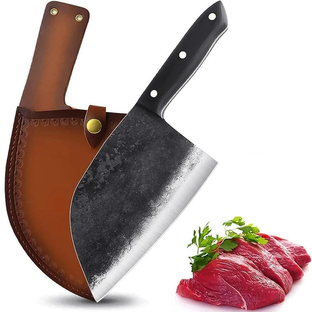 6.7 Inch Forging Serbian Chef Knife Full Tang Razor Sharp High Carbon Steel Meat Butcher Cleaver with Leather Sheath for Cooking
