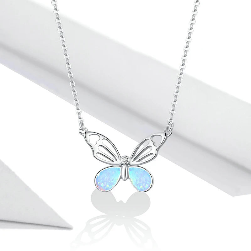 Trend Dating Gift Engagement Opal Butterfly Pendant 925 Sterling Silver Water-wave Chain Rhodium Plated Necklace for Couples