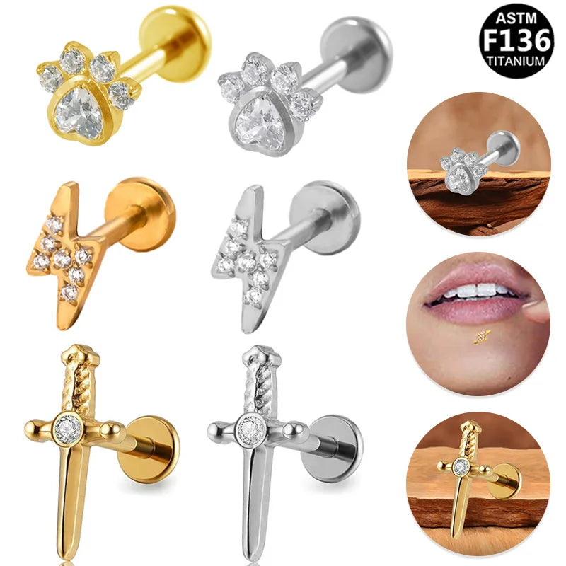 Gaby Astm F136 G23 Titanium Stud Labret Dermal Helix Cartilage Earrings with Zirconia Threadless Body Piercing Jewelry for Women