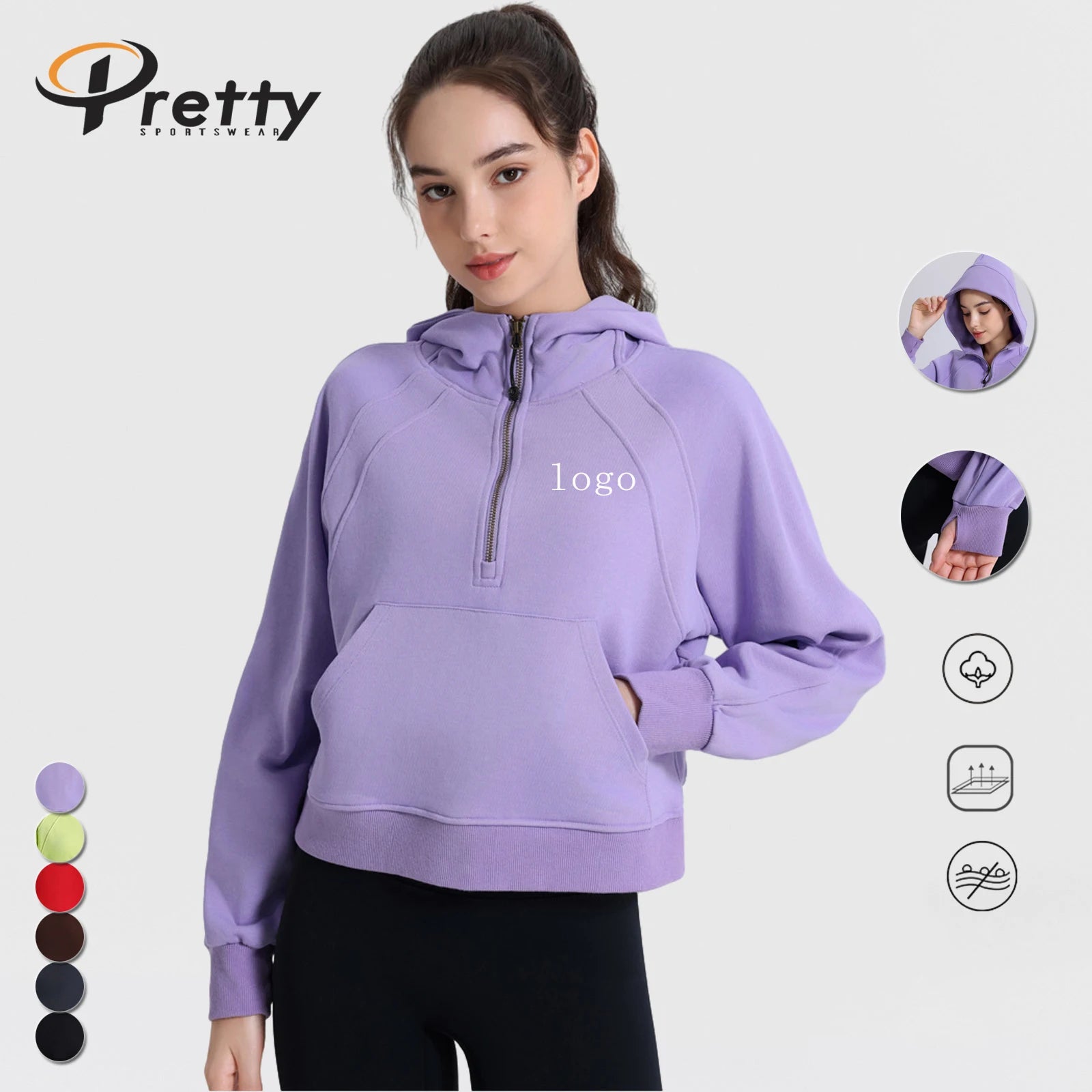Custom Logo Half Zipper Hoodies Women's Plain Embroidered Loose Jumper Cotton&Spandex Sweatshirts Women Oversized Sports Hoodies