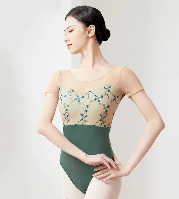 Women Short Sleeve Mesh Splice Ballet Leotards Adult Embroidery Dance Leotard Girls Gymnastics Training Bodysuit