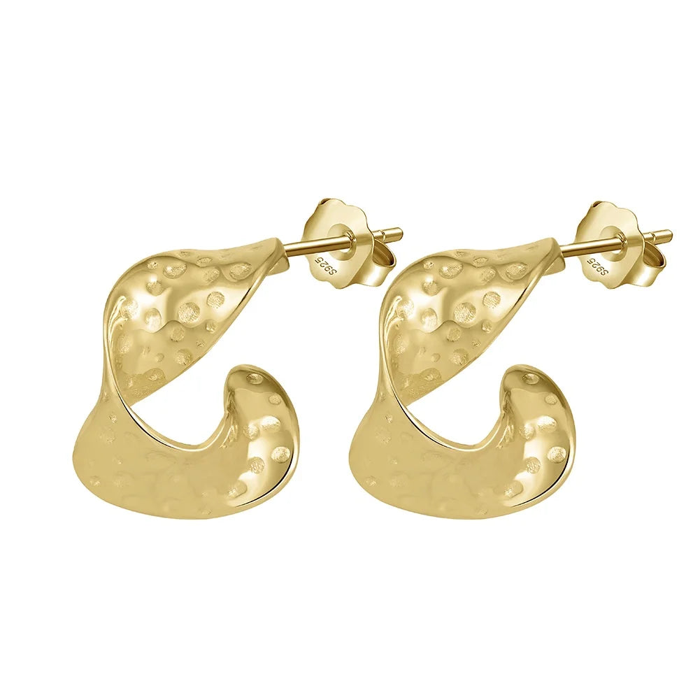 GAE07 Sterling Silver 14K PVD Gold Plated Irregular C Shaped Hoop Earrings Geometric Twist Wave Circle Earring