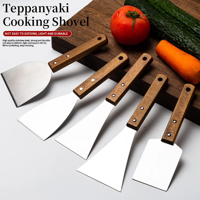 Premium Mini Teppanyaki BBQ Spatula Stainless Steel Wooden Handle Grill Scraper Kitchen Turner Utensils Cooking Dishwasher Safe