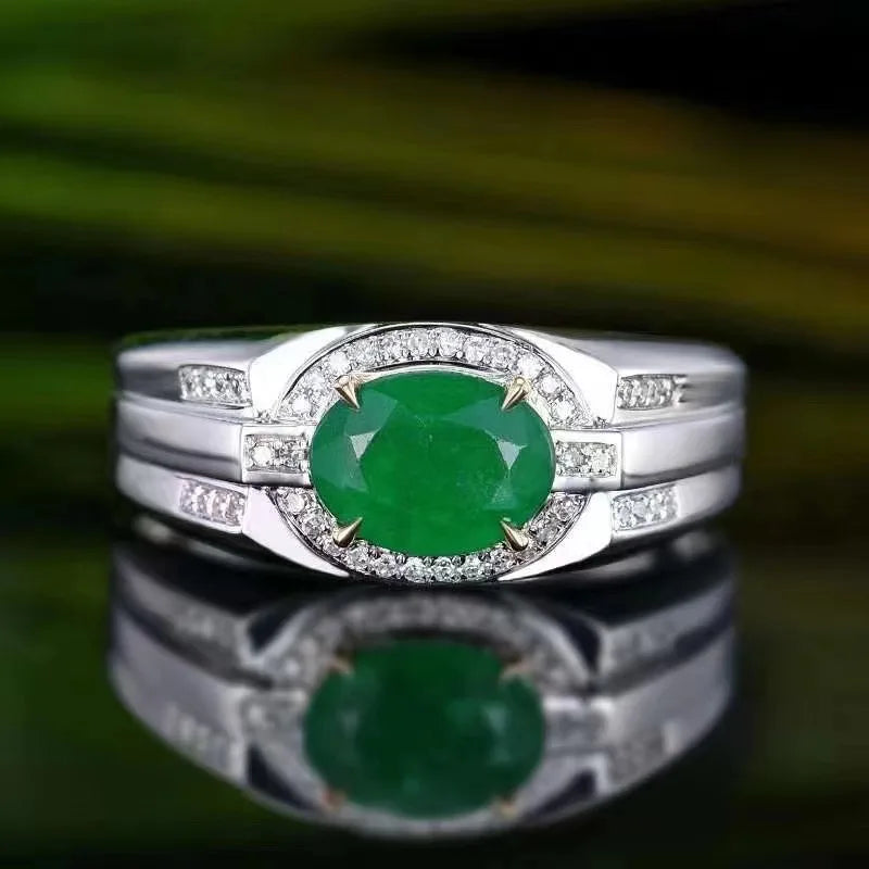 SGARIT Newest Luxury Wedding Jewelry Zambia 18k White Gold 1.01ct Oval Natural Emerald Men Ring Natural Gemstones Jewelry Rings