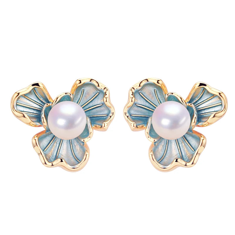 Wholesale 18K Gold Plated S925 Silver Needle Flower & Freshwater Pearl Stud Earrings for Women
