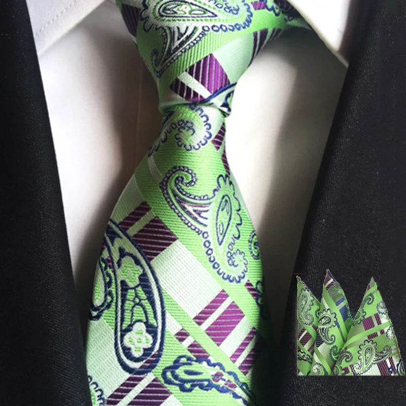 Formal Silk Tie Set Green Black Jacquard Pocket Square Necktie Set