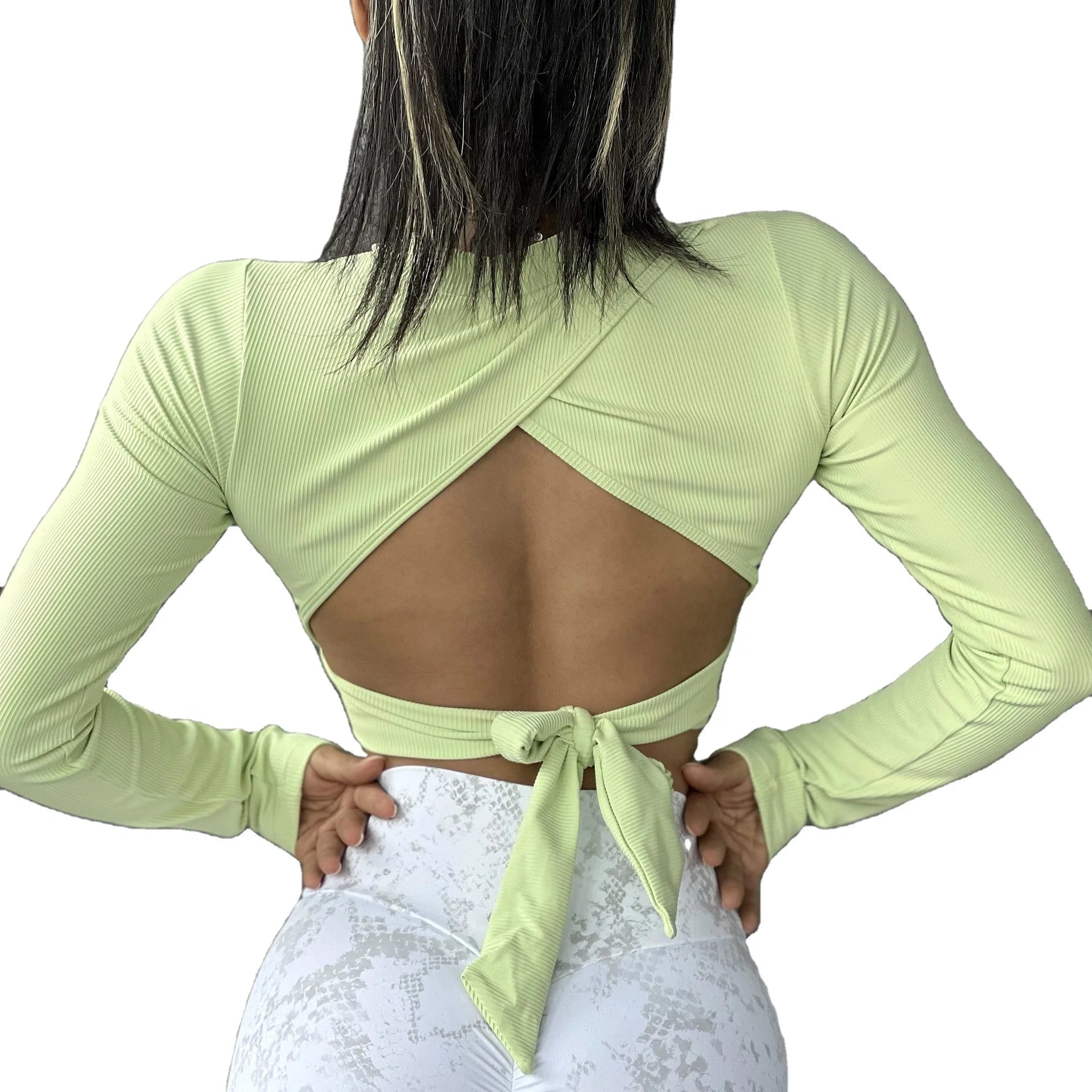 Women Quick Dry Comfortable Open Back Long Sleeve Running Padded Tie-downs Ribbed Fitness T Shirts Roupa De Academia