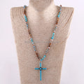 Bohemian Jewelry Accessory 6mm Multi Natural Stones Crystal Knotted Turquoise Blue Cross Necklace Western Jewelry