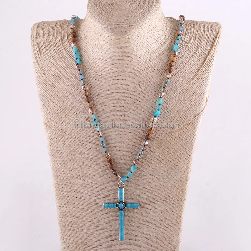 Bohemian Jewelry Accessory 6mm Multi Natural Stones Crystal Knotted Turquoise Blue Cross Necklace Western Jewelry