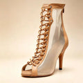 Women Mesh Lace up Ankle Boots Latin Ballroom Salsa Dancing Heels Shoes Jazz performance footwear