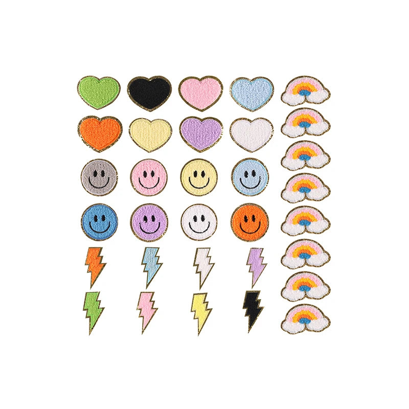 25pcs One Set Colorful Chenille Iron-on Patches Rainbow Lightning Smile Heart Cartoon Fabric Garments Accessories OEM Model