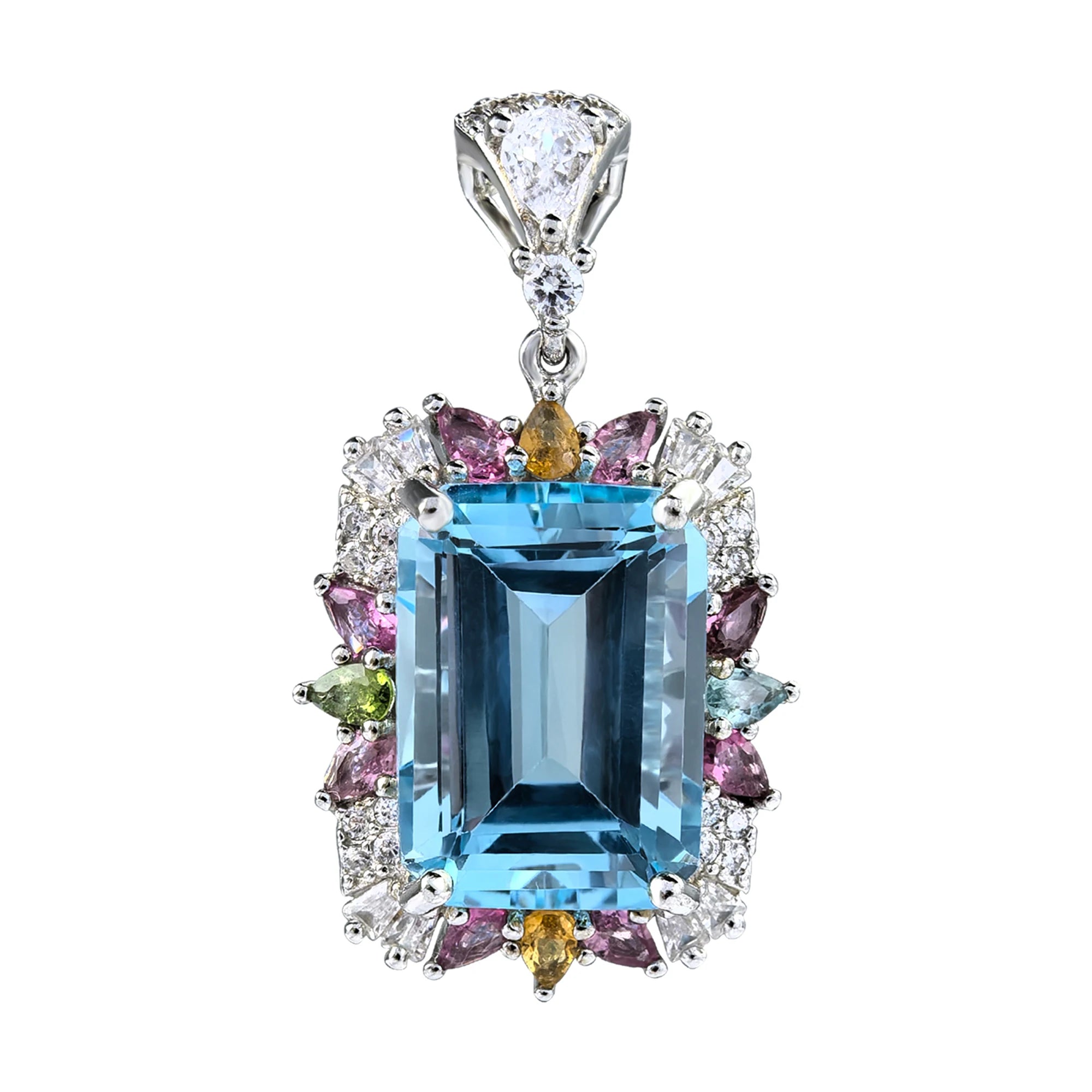 925 Sterling Silver Natural Sky Blue Topaz Pendant for Women Delicate Rhodium Plated Emerald Cut Charm Anniversary Gift