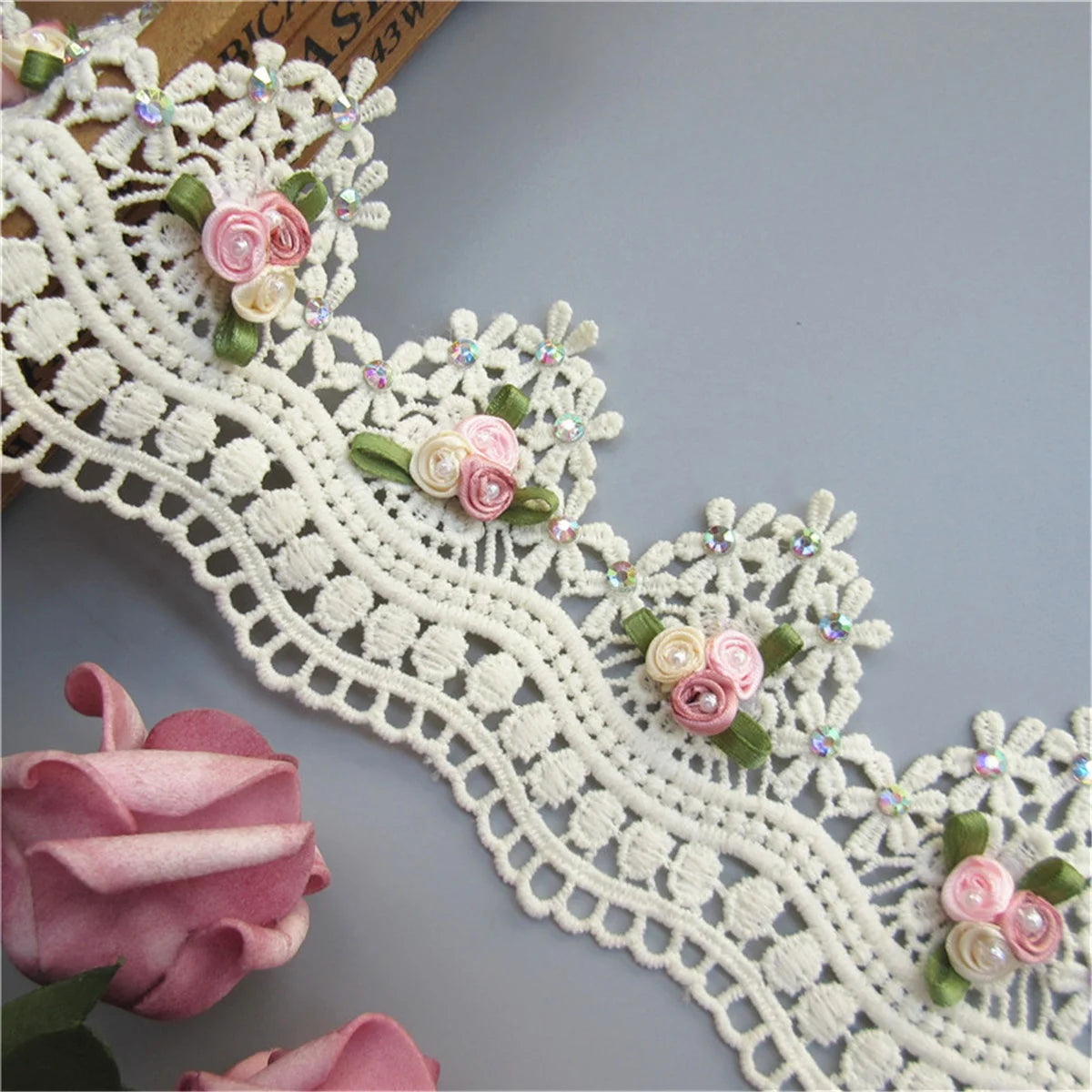 1 Yard Flower Beaded Embroidered Lace Trim Ribbon Wedding Dress DIY Sewing Craft Fabric