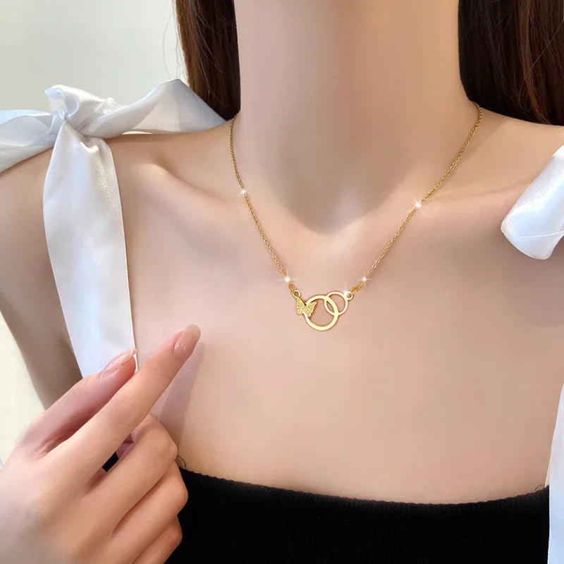 Titanium Steel Butterfly Pendant Necklace Gold Plated Double Open Circle Charm Necklace Women Jewelry