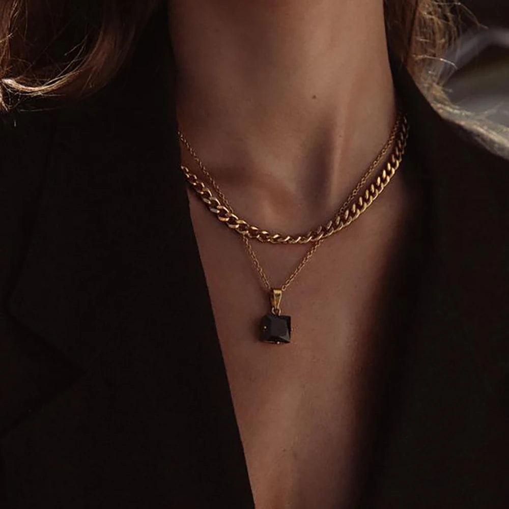 Dreamshow White & Black Zircon Pendant Rhinestone Stainless Steel 18K Necklace for Women