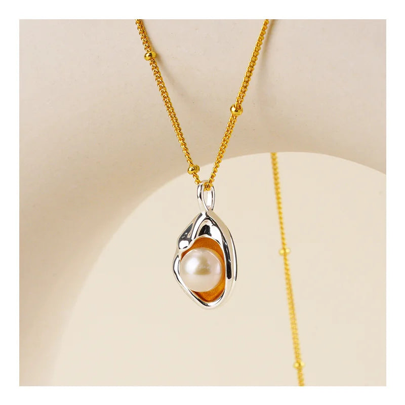 Wholesale 925 Sterling Silver Freshwater Pearl Pod-Shaped Irregular Necklace Gold Plated Enamel Separation Design Trendy Women's