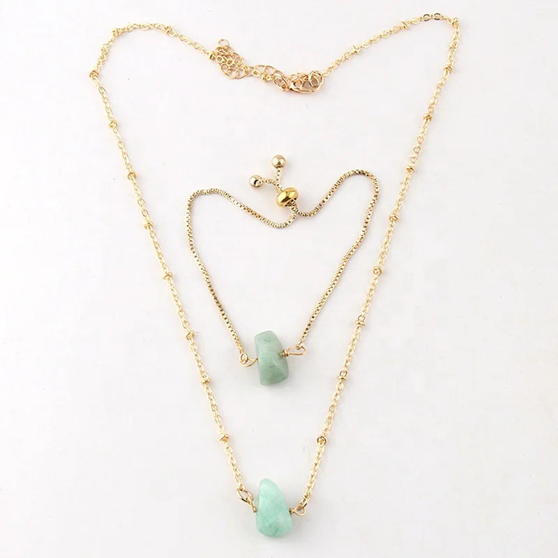 Dainty Gold Plated Adjusted Metal Chain Bracelet Necklace Chip Natural Stone Jewelry Set for Women