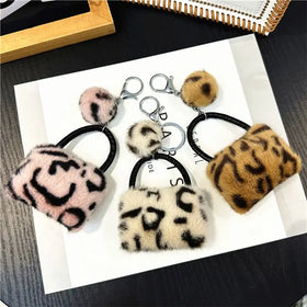 Creative Women Mini Handbag Car Key Ring Fluffy Cartoon Key Chain Pom Pom Keychain Leopard Bag Charms Ball Plush Keychains Toys