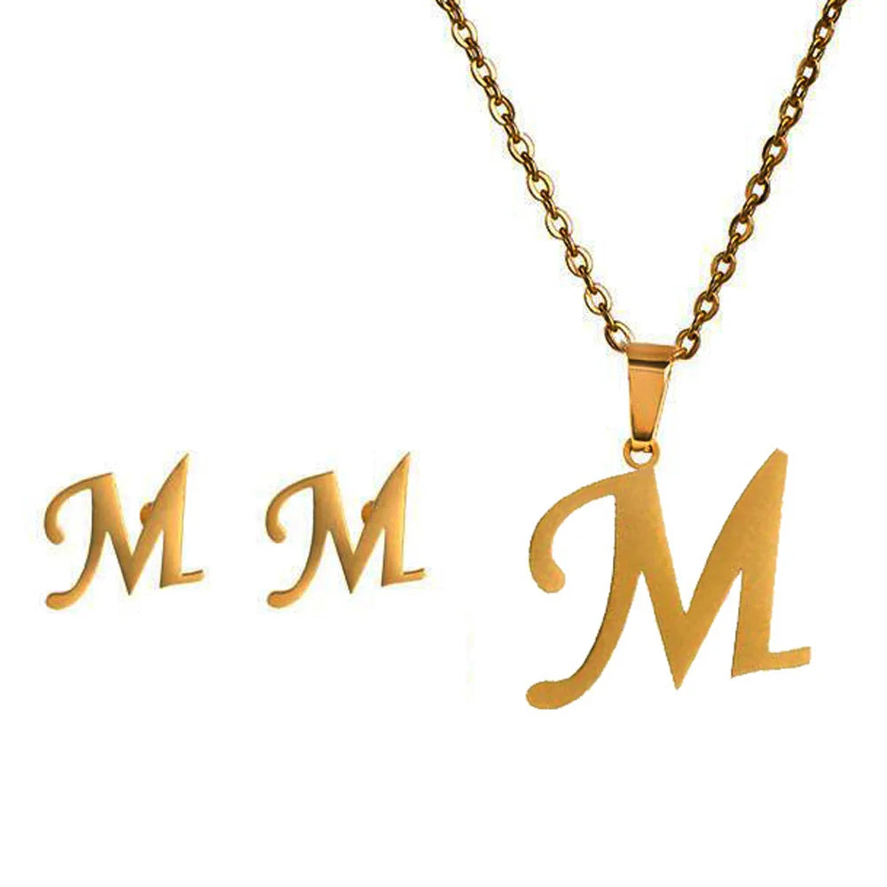 Dainty Capital Initial Jewelry Set Gold 26 Letters Alphabet Stainless Steel Initial Letter Pendant Necklace Stud Earrings Set