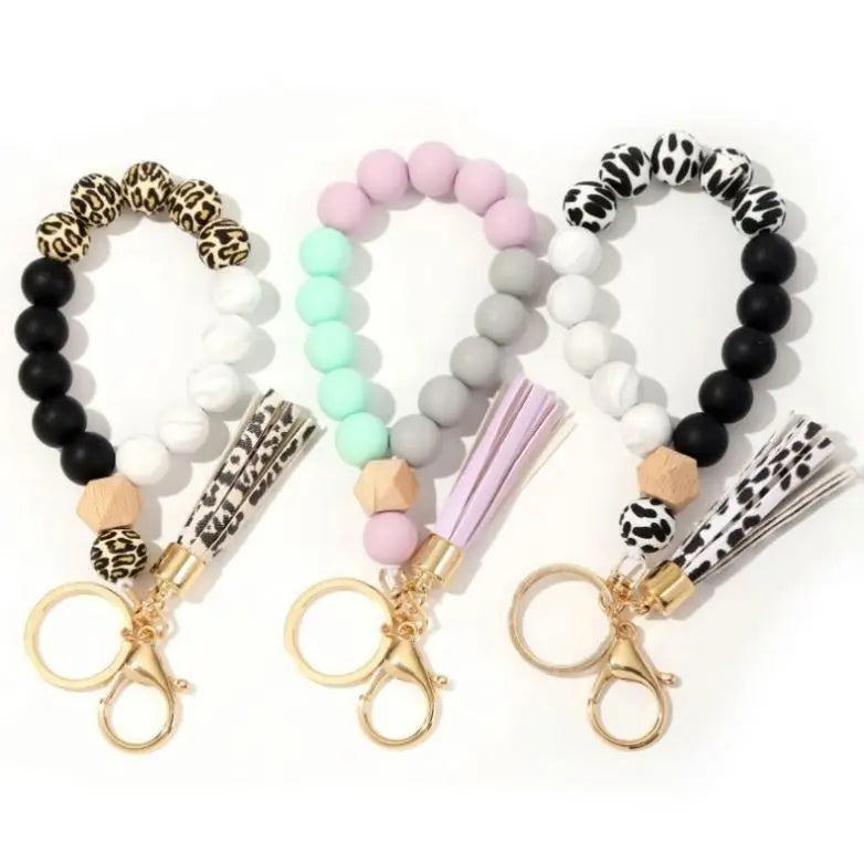 Leopard Silicone Key Ring Bracelet Wristlet Keychain Unique Beaded Bangle Key Chains for Women with Leather Tassel