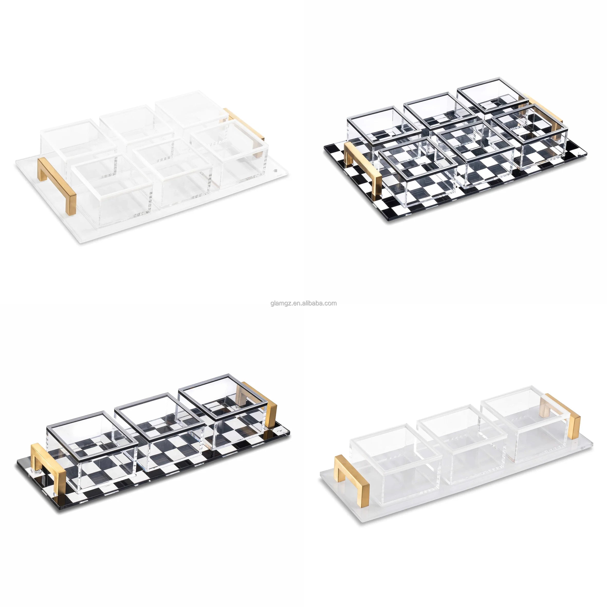 Jewish Gift Onyx Classic 3 Sectional Judaica Marble Base Gold Handle Acrylic Lucite Dip Bowls Set